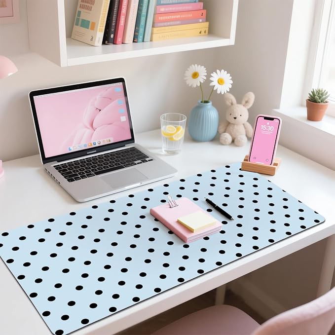 Black Polka Dot Leather Desk Mat Extended Gaming Mouse Pad | Non-slip Large Writing Pad Laptop Blotter Computer Keyboard Mat | Cute Blue Desk Protector for Home Office 23.6" x 11.8"