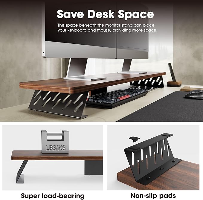 Fenge Monitor Stand Riser, Wooden & Metal Desk Shelf Organizer, Brown | 42.5 Inch Dual Monitor Riser for 2 Monitors, Multifunctional Monitor Shelf for Laptop, PC, Printer