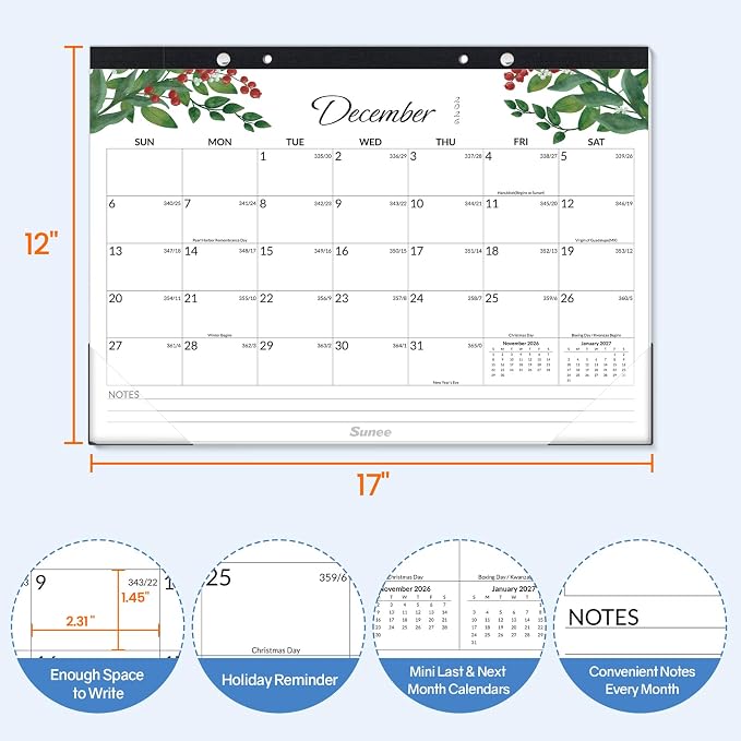 SUNEE Desk Calendar 2026-2027 3 Packs - 18 Month Calendar Oct 2026 - Mar 2028, 17" x 12" Desktop Calendar with Notes, for Planning, Organizing in Family, School or Office - Greenery 2026-2027 Calendar