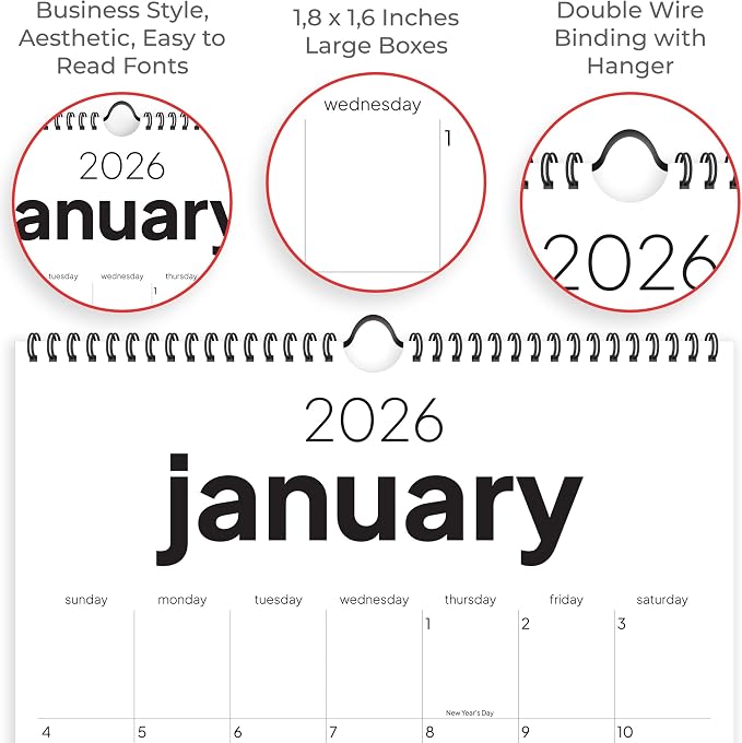 Wall Calendar 2026-2027, 18 Months, Runs from January 2026 to June 2027, 17" x 12" Large Wall Calendar with Hanger, Thick Paper and Spiral Binding. Simple and Stylish Aesthetic Design.