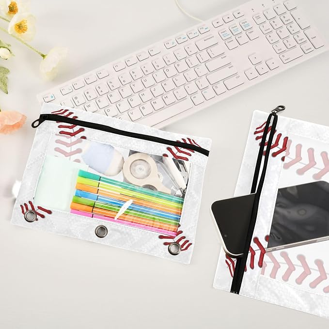 Sport Baseball Print Pencil Pouch Fits standard 3-ring binders, Zipper Binder Pencil Bag with Clear Window for Office 2 Pack