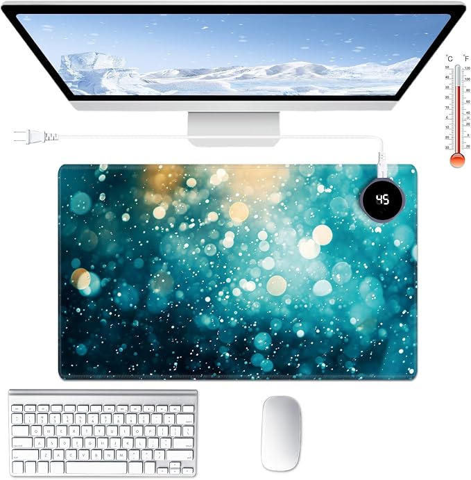 Heated Desk Pad Large Mouse Pad 23.6 x 14.1 inch with 3 Levels Heating & Auto Shut-Off Warm Mouse pad PU Leather Computer Mousepad for Home Office Work - Green Glitter