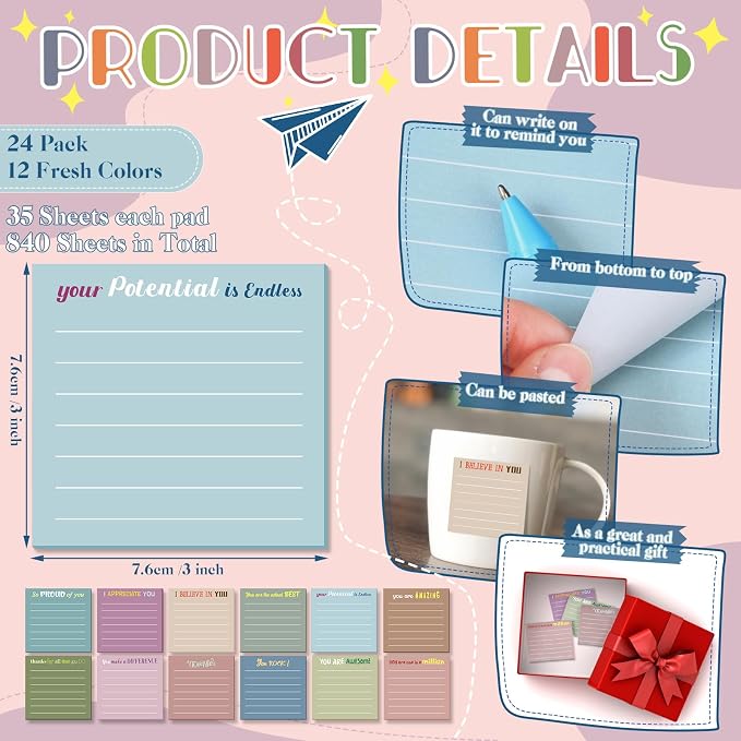 Yinder 12 Pcs Inspirational Sticky Notes, Back to School Supplies, Cute Motivational Sticky Notes Pad Employee Appreciation Gifts Bulk for Teacher Coworker Office 3 x 3'' (Appreciation,Neutral Color)