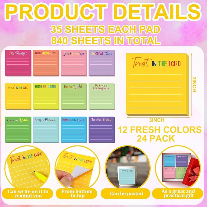 Yinder 24 Pcs Inspirational Sticky Notes, Back to School Supplies, Cute Motivational Sticky Notes Pad Employee Appreciation Gifts Bulk for Teacher Coworker Office 3 x 3'' (Bible,Dark Color)