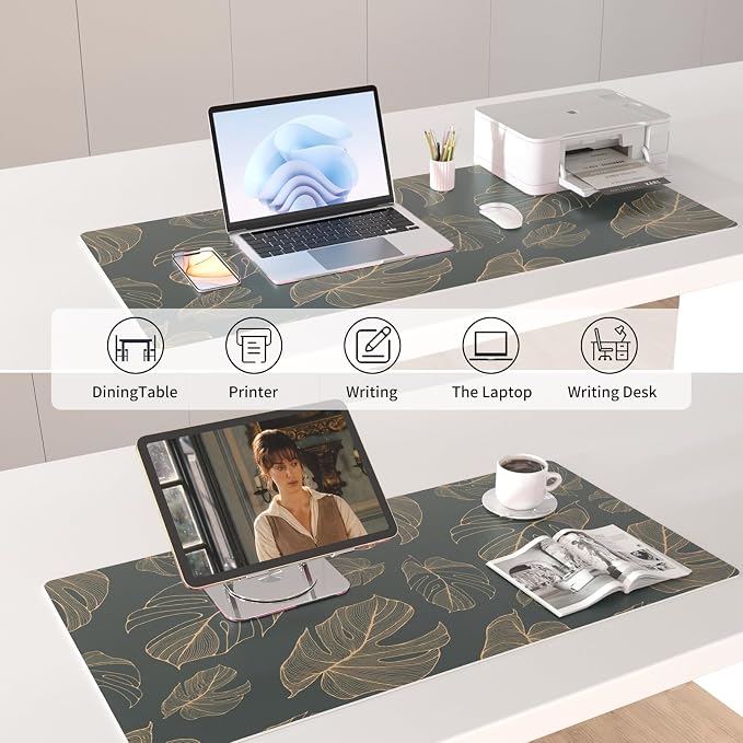 Colorful Star Monstera Leaves PU Leather Desk Mat, 31.5" x 15.7" | Large Waterproof Non-Slip Gaming Mouse Pad, XXL PC Laptop Protector Pads, Desk Writing Pads for Office Home