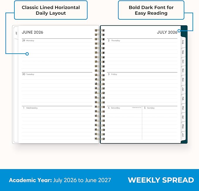 Blue Sky 2026-2027 Weekly & Monthly Academic Planner, 5.875"x8.625", Greta | July 2026 - June 2027, Flexible Cover, Wirebound, Laminated Tabs, Extra 30 Sheets of Notes, Academic Year
