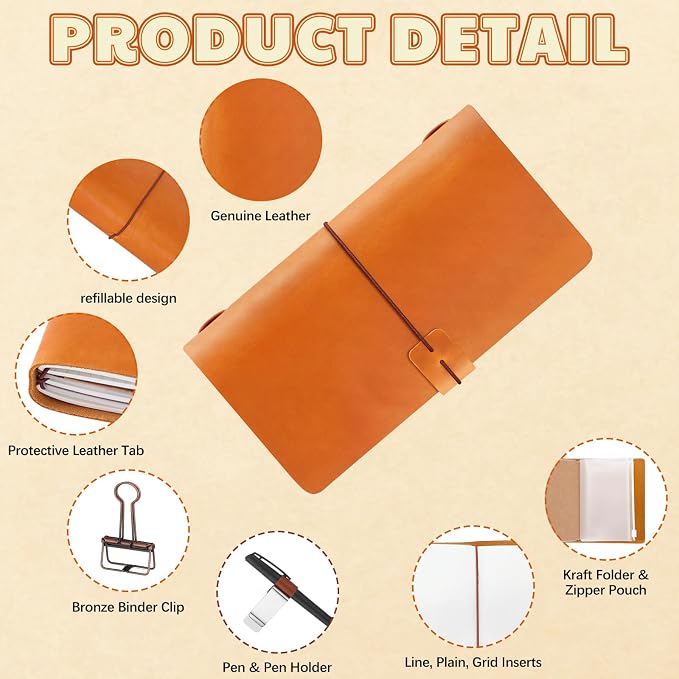 Thenshop Travelers Refillable Leather Journal Notebook Travel Diary Handmade Passport Travelers Journal for Men and Women with 3 Notebook Inserts, Pen Holder, Binder Clip(Orange,Stand Size)
