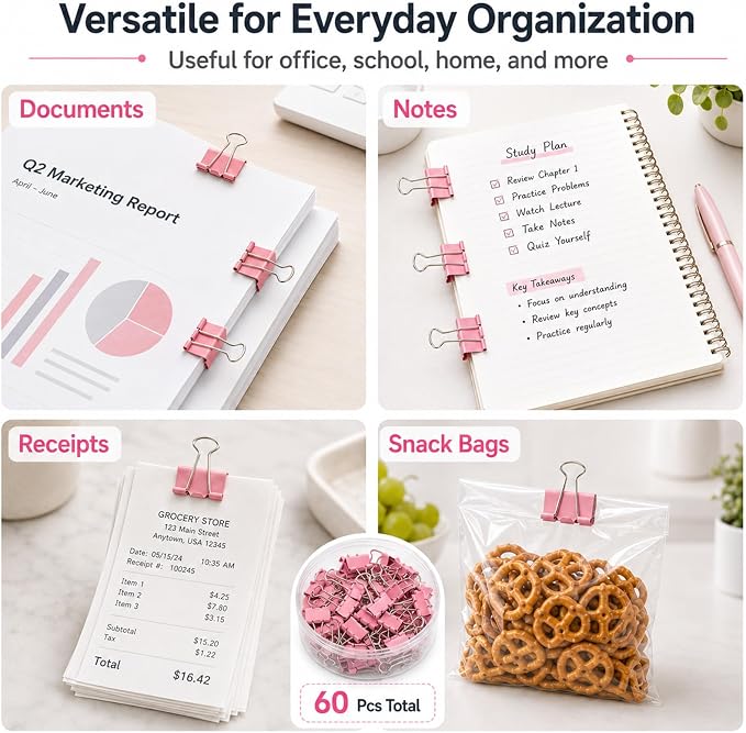 Binder Clips Assorted Sizes, Morandi Colors, Durable Metal Binder Clips for Office, Cute Desk Supplies for Teachers Student (Pink - 1 Box)