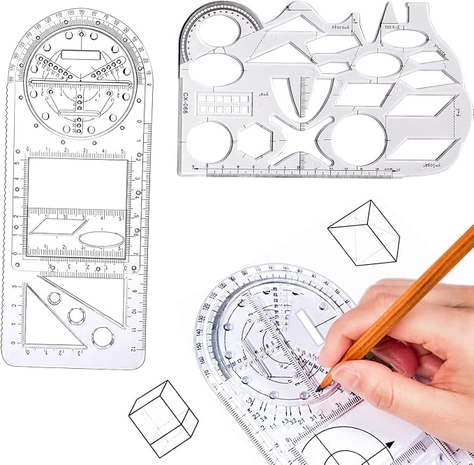 Multifunctional Geometric Ruler, 2 Pcs Geometric Drawing Template Measuring Tool Plastic Mathematics Drawing Ruler, Draft Rulers for Student School Office Supplies and Building Supplies-Clear