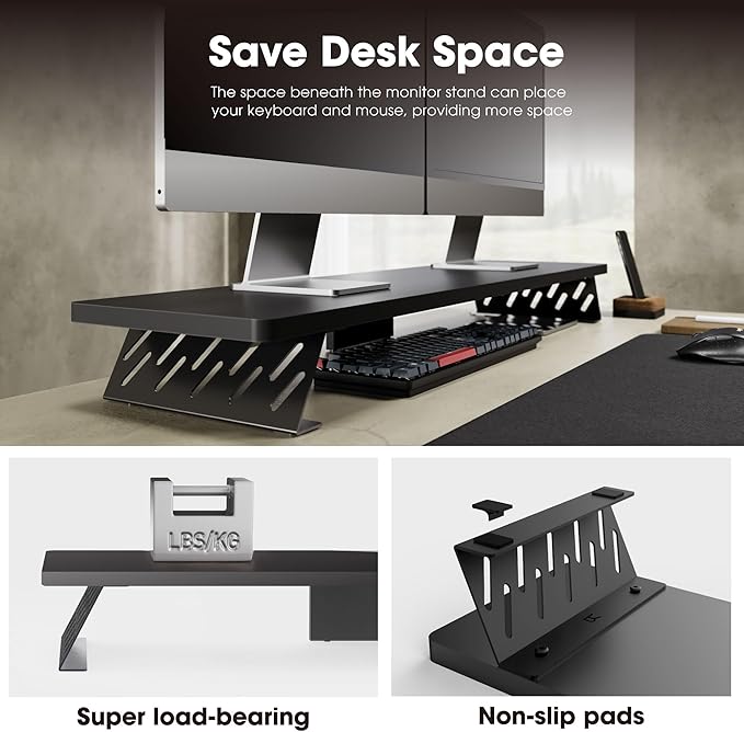 Fenge Monitor Stand Riser, Wooden & Metal Desk Shelf Organizer, Black | 42.5 Inch Dual Monitor Riser for 2 Monitors, Multifunctional Monitor Shelf for Laptop, PC, Printer