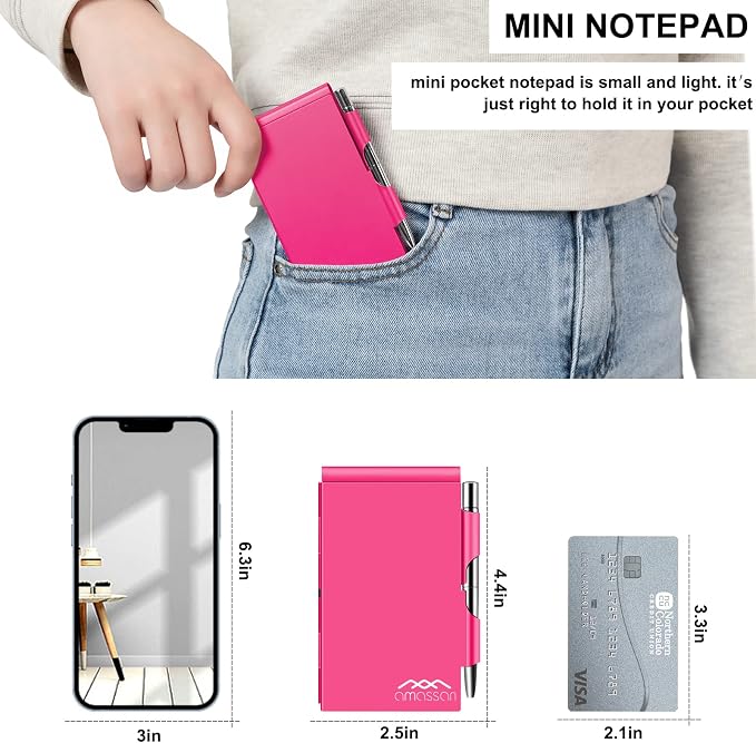 Metal Pocket Notebook, Portable Small Pocket Notepad Aluminum Note Case with Mini Metal Pen and 60-Page Sheets (Rose Pink)
