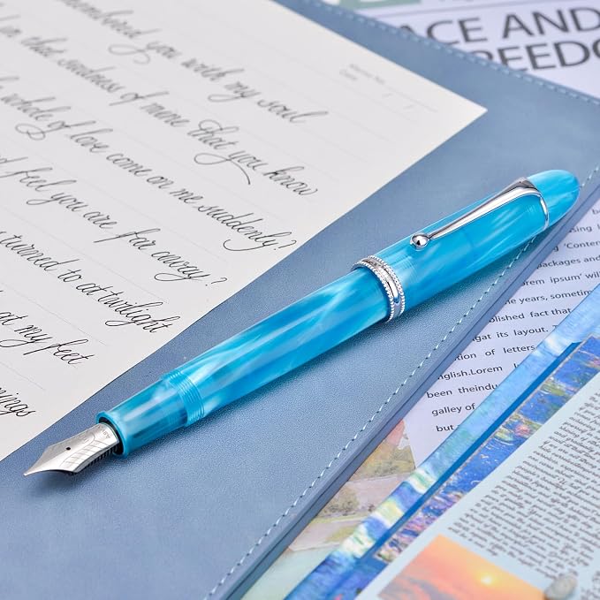 Asvine V800 Fountain Pen – Vacuum Filling System with Large Ink Capacity – Smooth Number 8 Medium Nib with Gift Case and Wrench- Sky Blue Acrylic