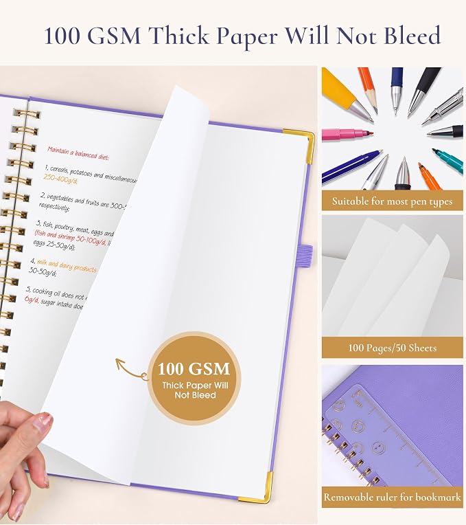 Blank Spiral Notebook Journal 8.5” x 11”, A4 Large Hardcover Sketch Book for Women Men, 100 GSM Blank Paper Drawing Notebook, Spiral Bound Sketchbook for Sketching School Work Note Taking, Purple