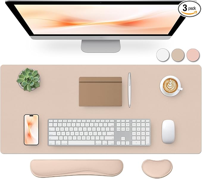 Bloss Leather Desk Pad and Keyboard Wrist Rest, Large Mouse Pad + Keyboard Pad+Mouse Wrist Support, Non-Slip Desk Mat Protector for Office, Home (35.4×15.7 Inches,Beige)