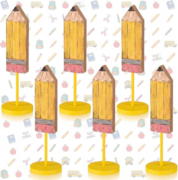 6 Pcs Back to School Table Decor Wooden Pencil Table Centerpieces Farmhouse Rustic Pencil Decorations for First Day of School Classroom Desk Home Shelf Tiered Tray Tabletop Decor