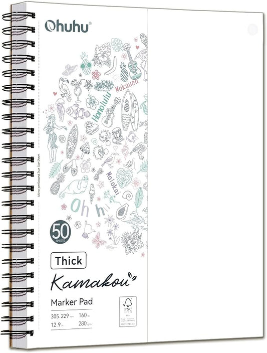 Ohuhu 9"x12" Double-Sided Bleedproof Marker Pad Art Sketchbook 50 Sheets | Large Sketch Book - 160 LB/280 GSM Smooth Drawing Paper - 50 Sheets/100 Pages - Spiral-Bound Sketch Pad for Alcohol Markers