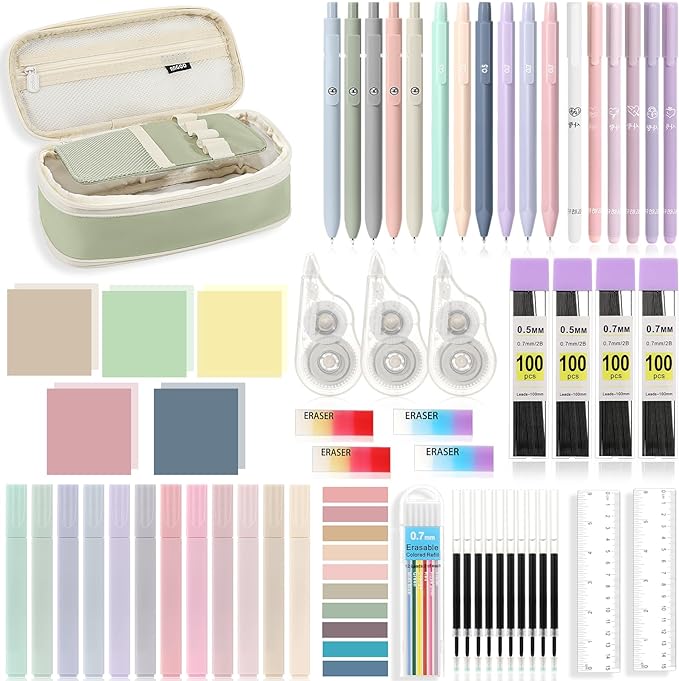MoKo Pencil Case with Supplies, 60Pcs Aesthetic School Set, Green | Includes highlighters, gel and ballpoint pens, mechanical pencils, refills, sticky notes, correction tapes and rulers.