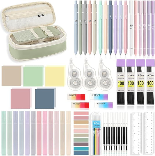 MoKo Pencil Case with Supplies, 60Pcs Aesthetic School Set, Green | Includes highlighters, gel and ballpoint pens, mechanical pencils, refills, sticky notes, correction tapes and rulers.