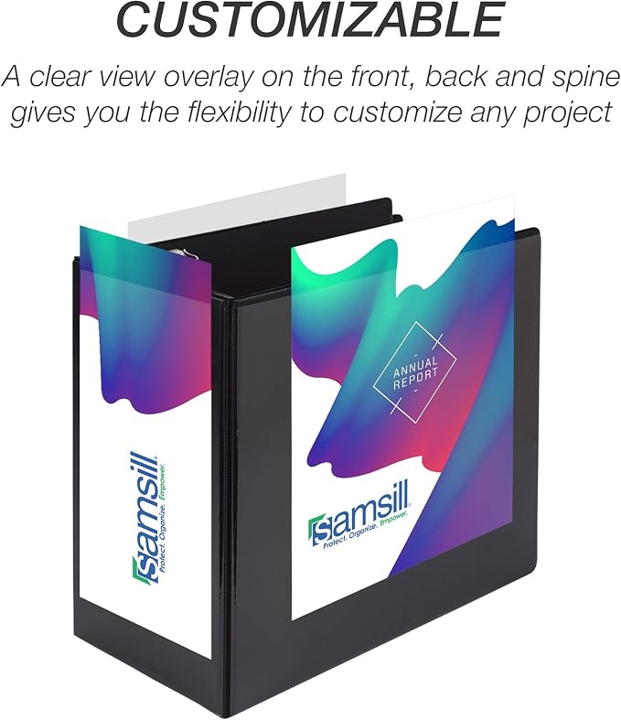 Samsill Durable 6 inch 3 Ring Binder, Locking D Ring Binder, Customizable Clear View Cover, Black, Holds 1225 Pages