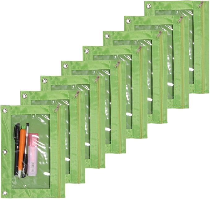 Zippered Pen Pencil Binder Pouch | 3 Rings with Clear Window for School Classroom Organizers 8 Pcs (Green)