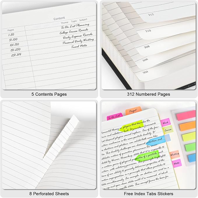 College Ruled Notebook A5, 312 Numbered Pages Diary, Lined Leather Journal | Extra-Thick with 2X Writing Space, 100gsm No Bleed Paper, Hardcover, Lay-Flat, for Work, School, Meeting Notes & Journaling
