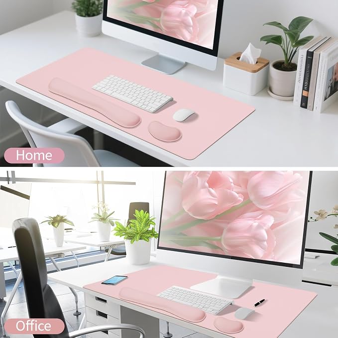 Pink Leather Desk Pad and Keyboard Wrist Rest, 3in1 Mouse pad + Keyboard Wrist Rest + Mouse Wrist Rest, Non-Slip Waterproof Desk Writing Pad for Office and Home (47.2"×23.6")