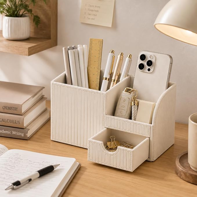 KINGFOM Luxury PU Leather Desk Organizer with Drawer, Modern Aesthetic Office Desk Accessories for Women, Multi-Compartment Pen Holder & Desktop Storage Organizer for Home Office, Cream White