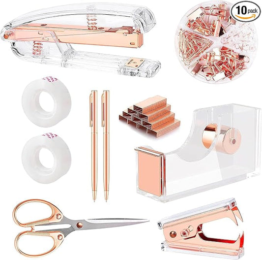 suniya Office Supplies Rose Gold Desk Accessories Set Office Supplies Kit with Stapler, Tape Dispenser, Scissors, Staple Remover, Ballpoint Pen, Clear Tape & Staples – Best Gift for Business or Boss