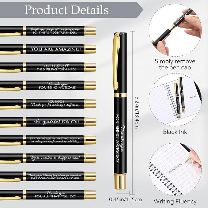 Chiisong 10 Sets Back to School Gifts Bulk Inspirational Spiral Notebook and Pen with Sticky Note Thank You Affirmation Gift for Teacher Nurse Coworker Employee Staff (Classic Black)