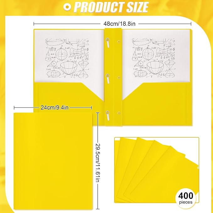 Yeaqee 400 Pcs Plastic 2 Pocket Folders with Prongs Bulk for Back to School, 3 Prong File Folders Fit Letter Size Paper, for School Office Homework Paperwork Organization Supplies (Yellow)