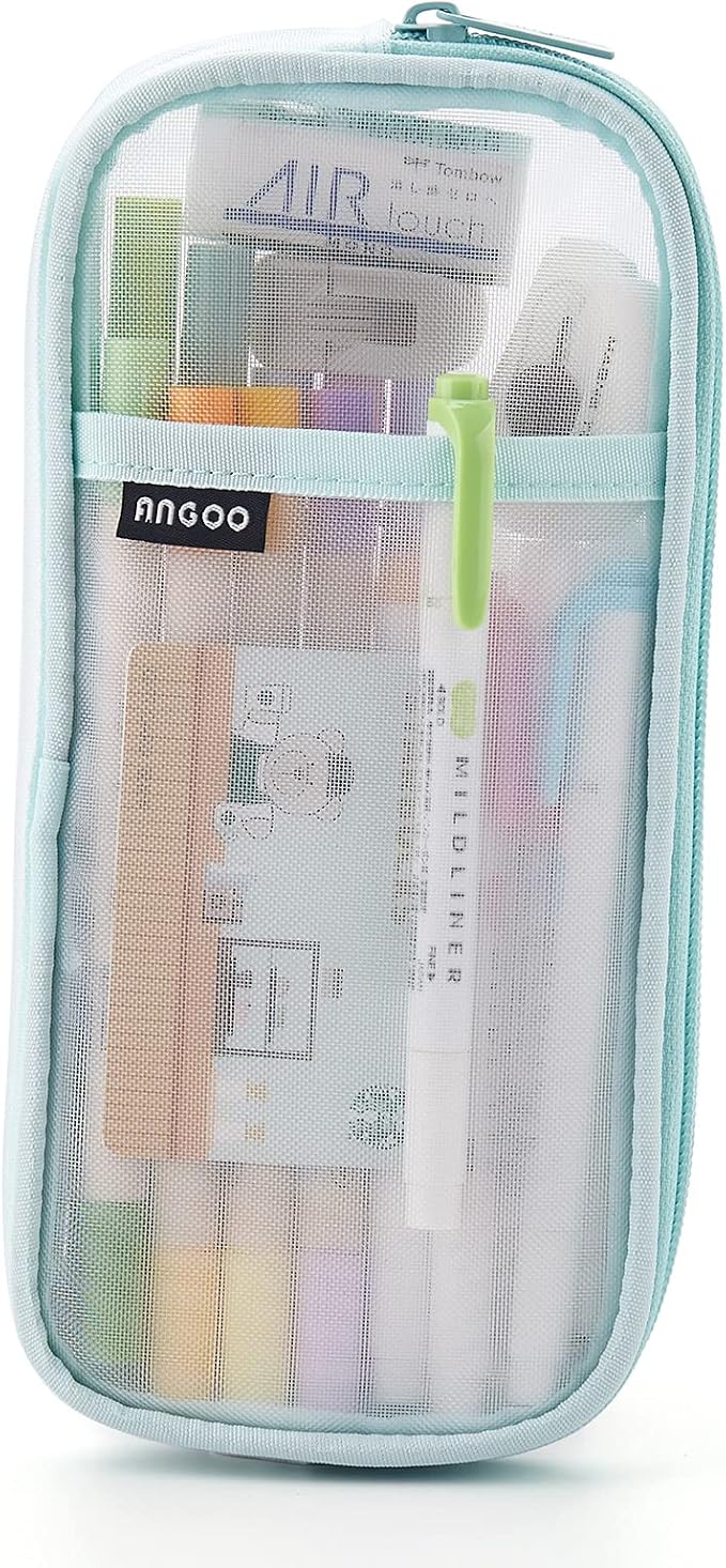EASTHILL Grid Mesh Pen Pencil Case with Zipper Clear Makeup Color Pouch Cosmetics Bag Multi-Purpose Travel School Teen Girls and Boys Transparent Stationary Bag Office Organizer Box for Adluts(Green)