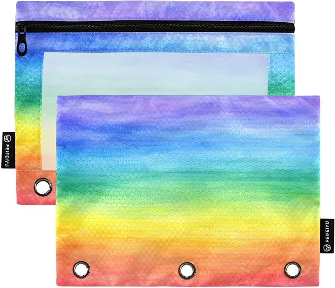 ALAZA Pencil Pouch for 3 Ring Binder, Colorful Stripe Rainbow Binder Pencil Pouches with Clear Window Zipper Pencil Case Cosmetic Bags for Office College Supplies, 2PCS