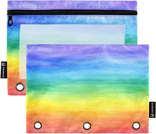 ALAZA Pencil Pouch for 3 Ring Binder, Colorful Stripe Rainbow Binder Pencil Pouches with Clear Window Zipper Pencil Case Cosmetic Bags for Office College Supplies, 2PCS
