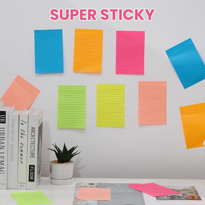 6 Pack 4x6 Lined Sticky Notes, 270 Sheets Super Sticky Memo Pads with Lines | Colorful Self-Stick Notes for Office, School, Teacher Supplies, Study Notes, To Do Lists & Daily Reminders