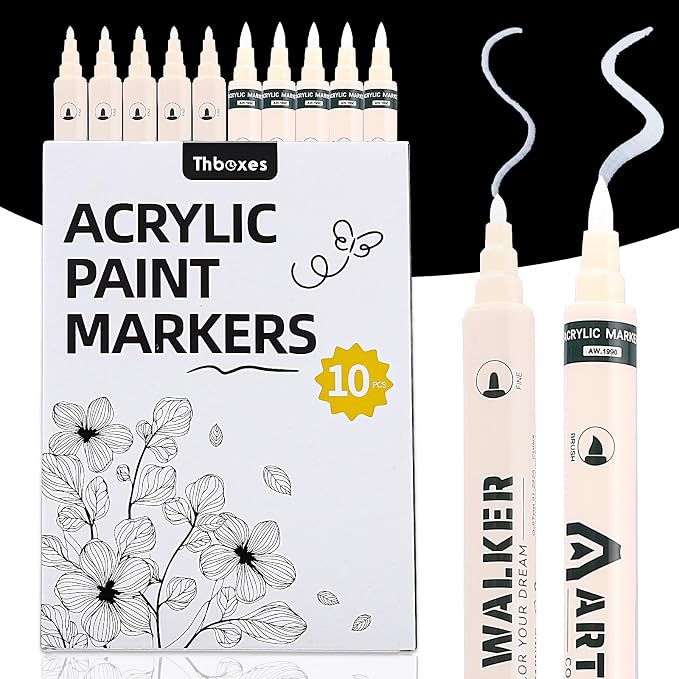 Thboxes White Paint Markers 10 Pack, Dual Tip Acrylic Pens | Fine Tip + Brush Tip, Water-Based Ink, Quick-Drying, Works on Wood, Glass, Rock, Plastic, Canvas, Fabric, Metal
