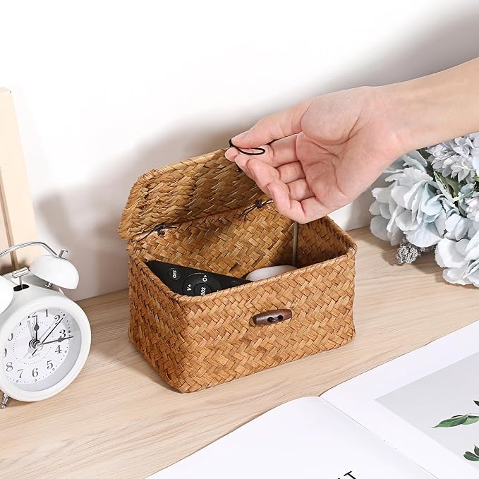 Small Decorative Box Natural Seagrass Box with Lid Small Basket for Organizing Keys Wicker Shelf Baskets for Bathroom Living Room,6.1"L x 4"W x 3.3"H