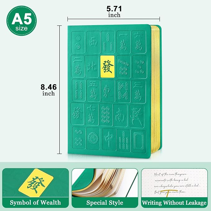 Journal Notebook, 196 Page Mahjong Design Hardcover Leather Book with Bookmark,Ruled Ivory Pages with Gold-plated Edges and Flat Circular Dots Journal, Suitable for Studying and Working (5.83“x8.27”)