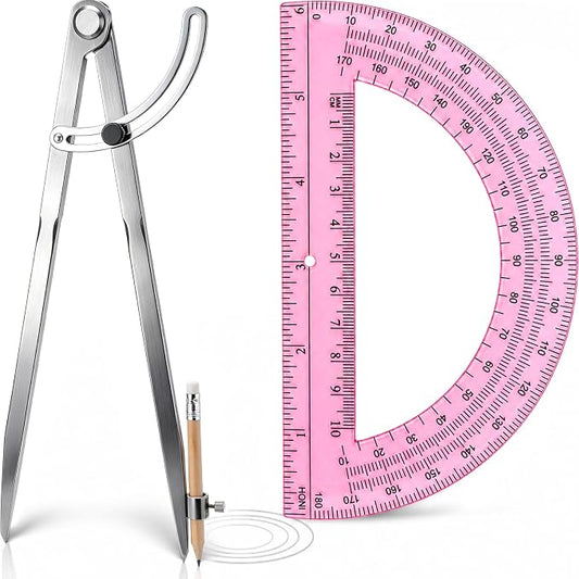 Zonon Professional 12 Inch Large Compass with Wing for Woodworking and 6 Inch Protractor Set, Pencil Compass for Geometry Math Carpenter, Drafting, Drawing Tool (Pink)