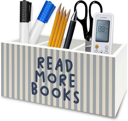 Reading Room Decor Pen Pencil Holder Organizer for Desk,Read More Books Blue Striped Wooden Box Signs Decorations for Reading Room Classroom Library Desk Tabletop, Book Lover Reader Gifts