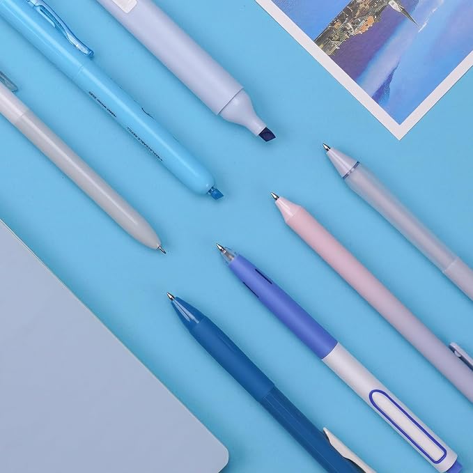 WRITECH Gel Pens Journaling Highlighters: Journal Set Aesthetic Assorted Pastel Color Ink 0.5mm Fine Point Retractable 0.7mm Black Pen Smooth Writing Drawing No Bleed 7ct (Blue)