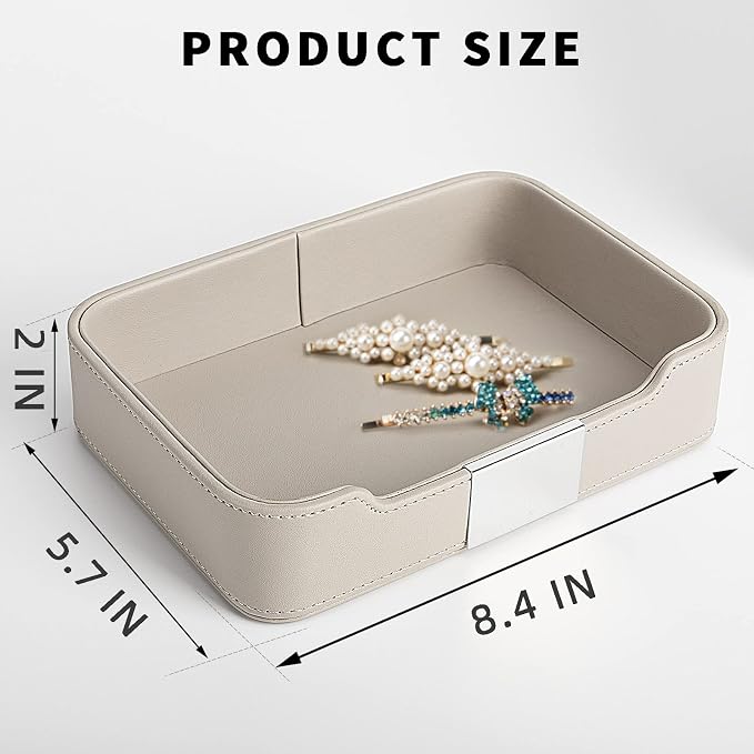 SANZIE Luxury Leather Tray Organizer Valet Tray Key Tray for Entryway Table Desktop Storage Catchall Tray Decorative Tray for Jewelry Keys Wallet Phone Watch (Metal Silvered, Grey)