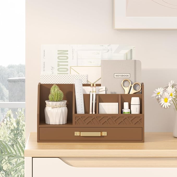 Bamboo Desk Organizer with Drawers, Mail Organizer Countertop Wood Desk Drawer Tabletop Storage Organization Pen Holder Letter Sorter Makeup Organizer for School Home Office (Brown)