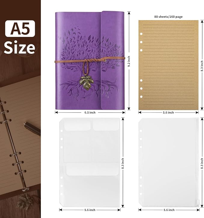 Billtigif Leather Journal Notebook, Refillable Travelers Notebook with Transparent Bag, 160 Pages, 6.5" x 9.2" Vintage Journal, Graduation Gifts for Women and Men (Purple, A5)