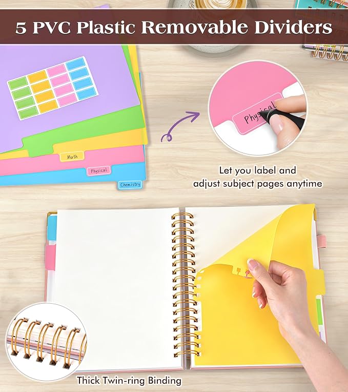 5 Subject Blank Notebook with Removable Dividers Tabs, 300 Pages Hardcover Leather Sketch Book Spiral Journal, 8"x10" B5 Large Sketchbook Notebooks for Women Men Work School Sketching Drawing, Pink