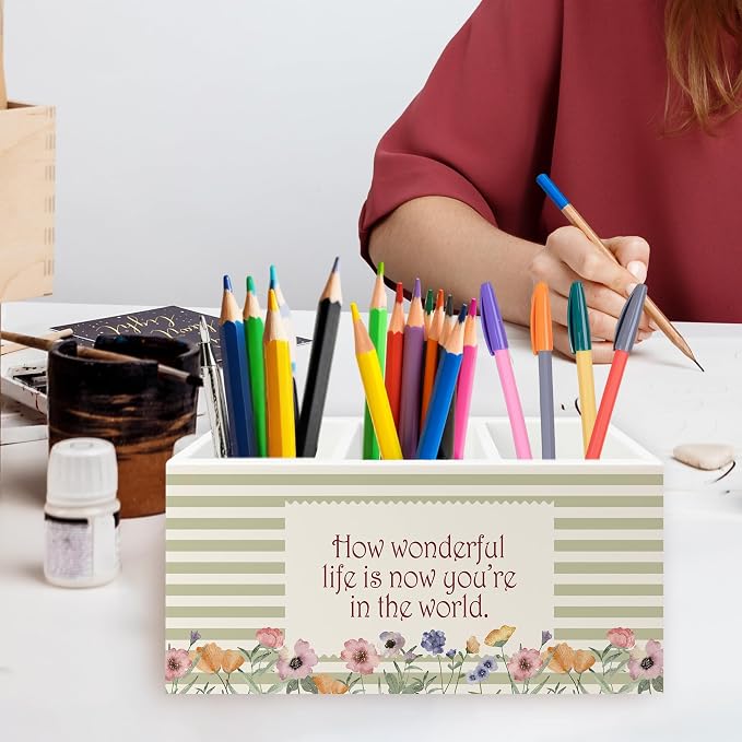 Girls Room Floral Pen Pencil Holder Organizer for Desk, How Wonderful Life Is Now You're in the World Neutral Striped Flower Wooden Box Signs Decorations for Kids Girls Nursery Room Desk Tabletop