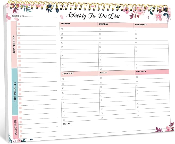 Taja Weekly To Do List Notepad with 52 Undated Sheets（8.5"×11"）- Weekly Desk Planner for Women & Man, Work and Home - 1 Pack Whispering Petal
