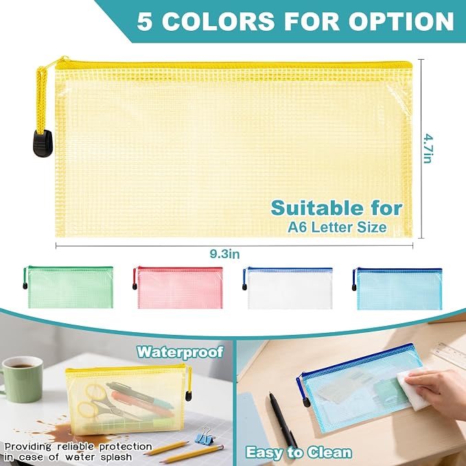 Mesh Zipper Pouch Bags - 5Pack A6 Waterproof Small Zipper Bags 4.7x9.3 Inch Clear Mesh Storage Pouches Assorted Colors for Home, Office, Travel, Receipts, Puzzles, Cosmetic