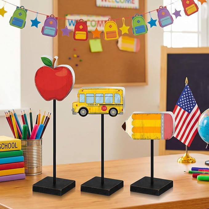 3 Pcs Back to School Table Decorations Wooden Pencil Apple Bus Sign Back to School Tabletop Centerpieces Farmhouse Wood Gifts Desktop Decor for The First Day Home Tiered Tray