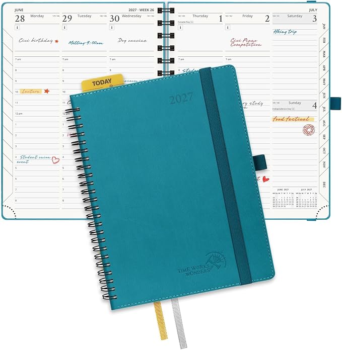 POPRUN 2027 Planner, 6.5'' x 8.5'', Weekly and Monthly Daily Calendar Book | 2027 Agenda(Jan - Dec) Appointment Book with Hourly Time Slots, Monthly Tabs, 100GSM, Spiral Leather Cover - Pacific Green