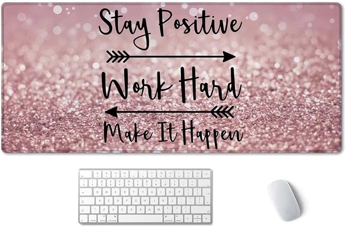 SSOIU Desk Mat, Extended Gaming Mouse Pad 35.5x15.7 in Stay Positive Work Hard and Make It Happen Inspirational Quotes Mouse pad Art Rose Gold and Silver Glitter Black Quote Large Non-Slip Mousepad